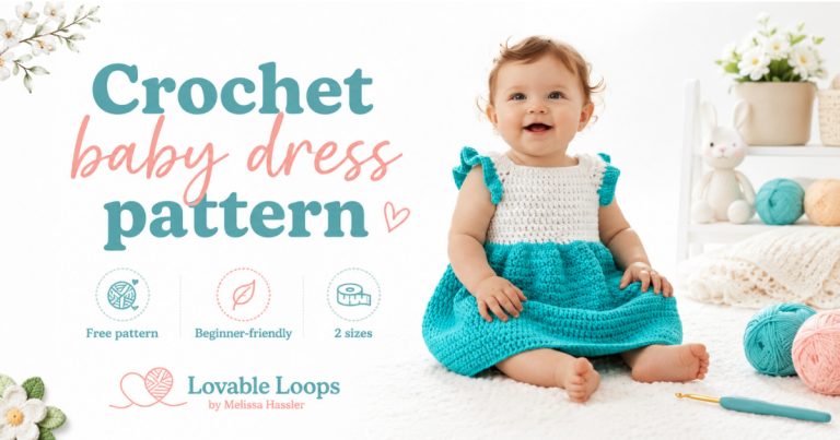 Baby sitting wearing a white and turquoise crochet dress with matching turquoise shoulder ruffles.