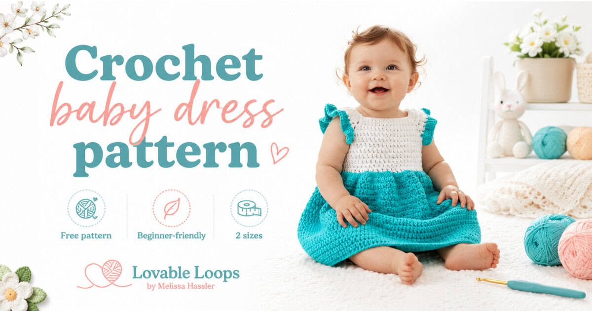 Baby sitting wearing a white and turquoise crochet dress with matching turquoise shoulder ruffles.