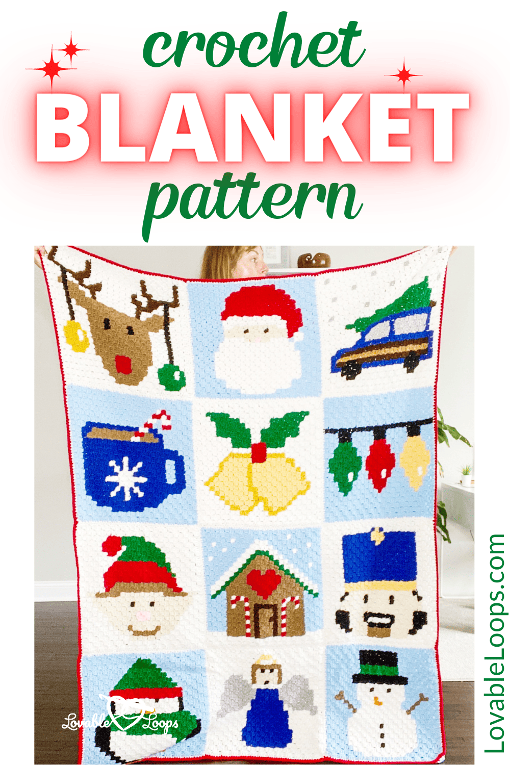 Crochet Christmas blanket featuring 12 unique holiday-themed patterns.