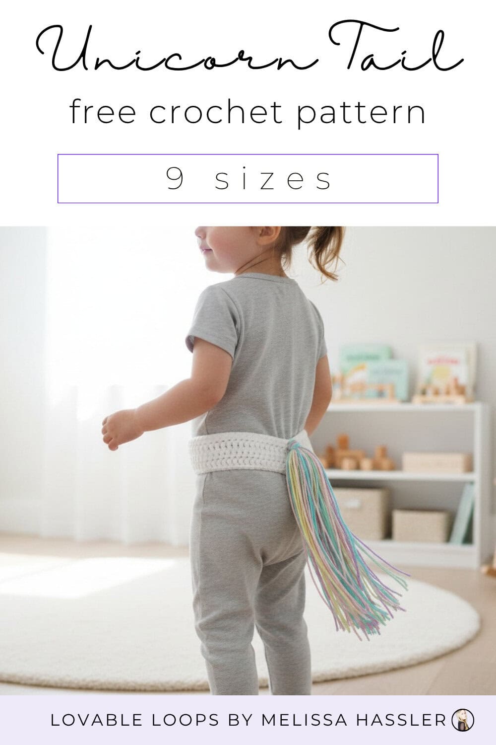 Unicorn tail crochet costume pattern with a crocheted waistband and pastel spiral tail option for kids and adults.