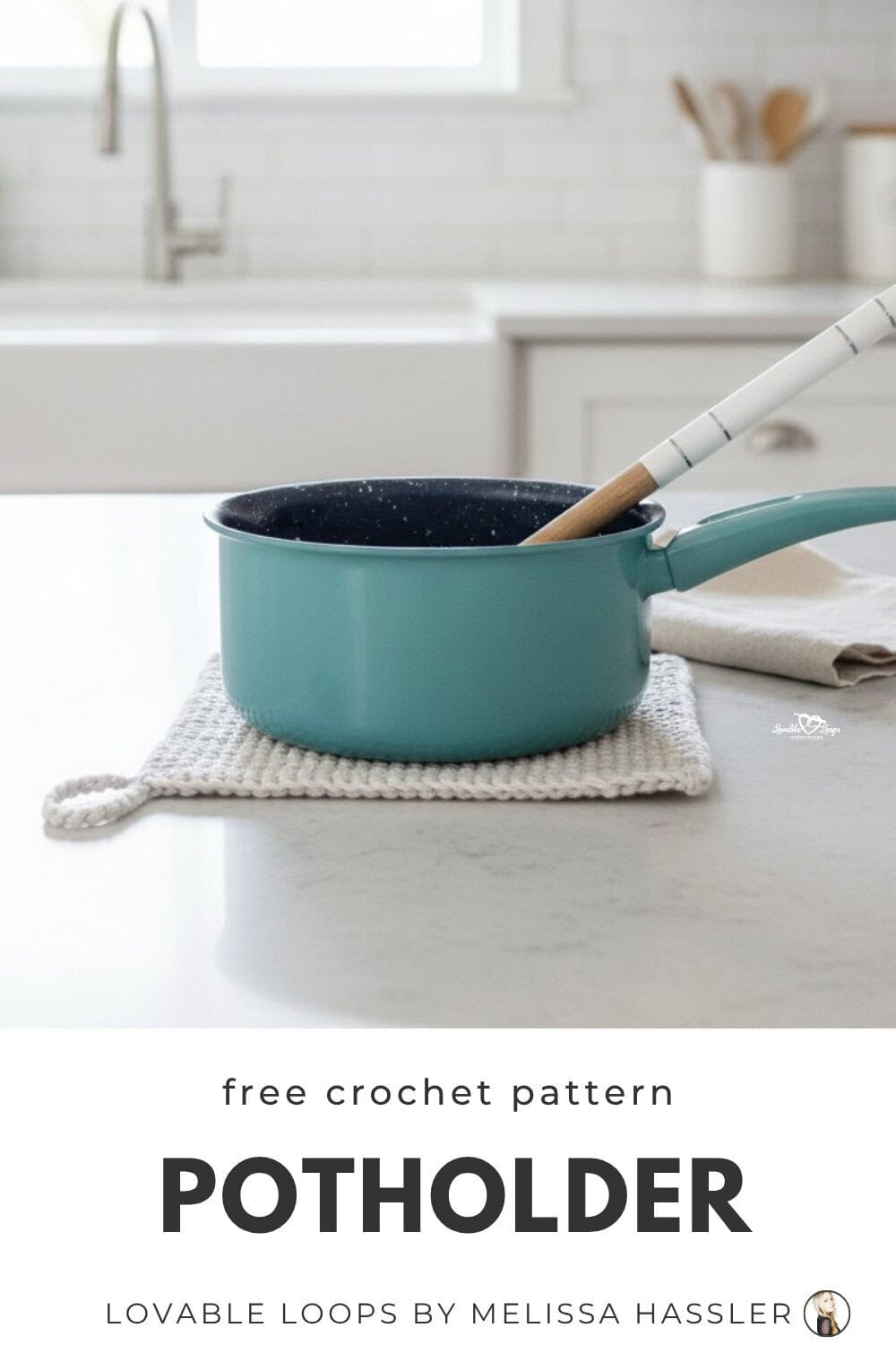 Easy crochet potholder pattern shown under a green saucepan, featuring a thick square white hot pad with a hanging loop.