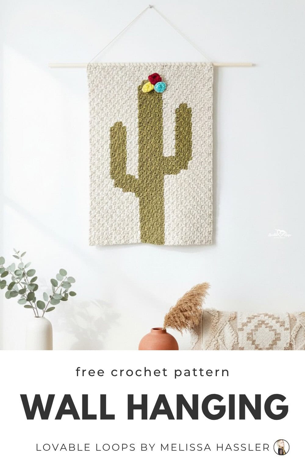 Crochet cactus wall hanging pattern on a neutral background with colorful crochet flowers, styled as bright boho wall decor.