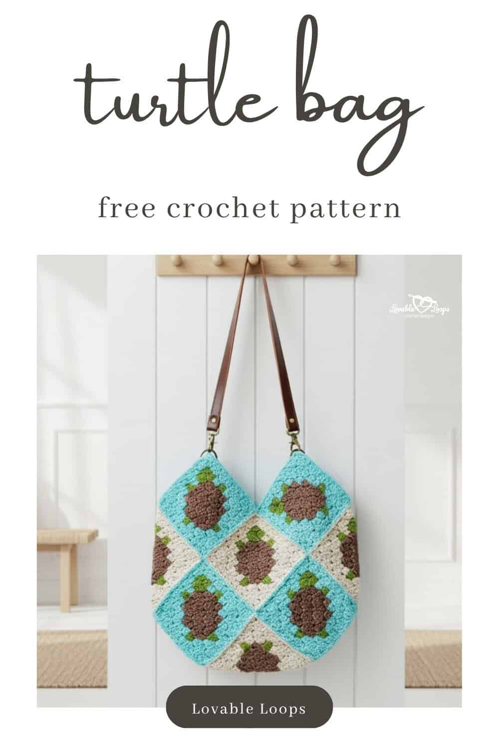 Pinterest pin for a free crochet turtle bag pattern featuring a granny square style tote with brown turtle motifs on aqua and cream squares and brown straps.