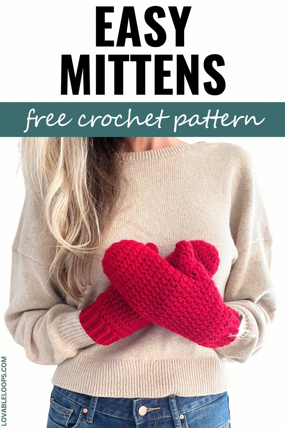 Pin image showing a woman wearing red crochet mittens with bold black text that reads “Easy Mittens – Free Crochet Pattern.” Great for a beginner-friendly crochet mittens tutorial using worsted weight yarn and a simple stitch pattern.