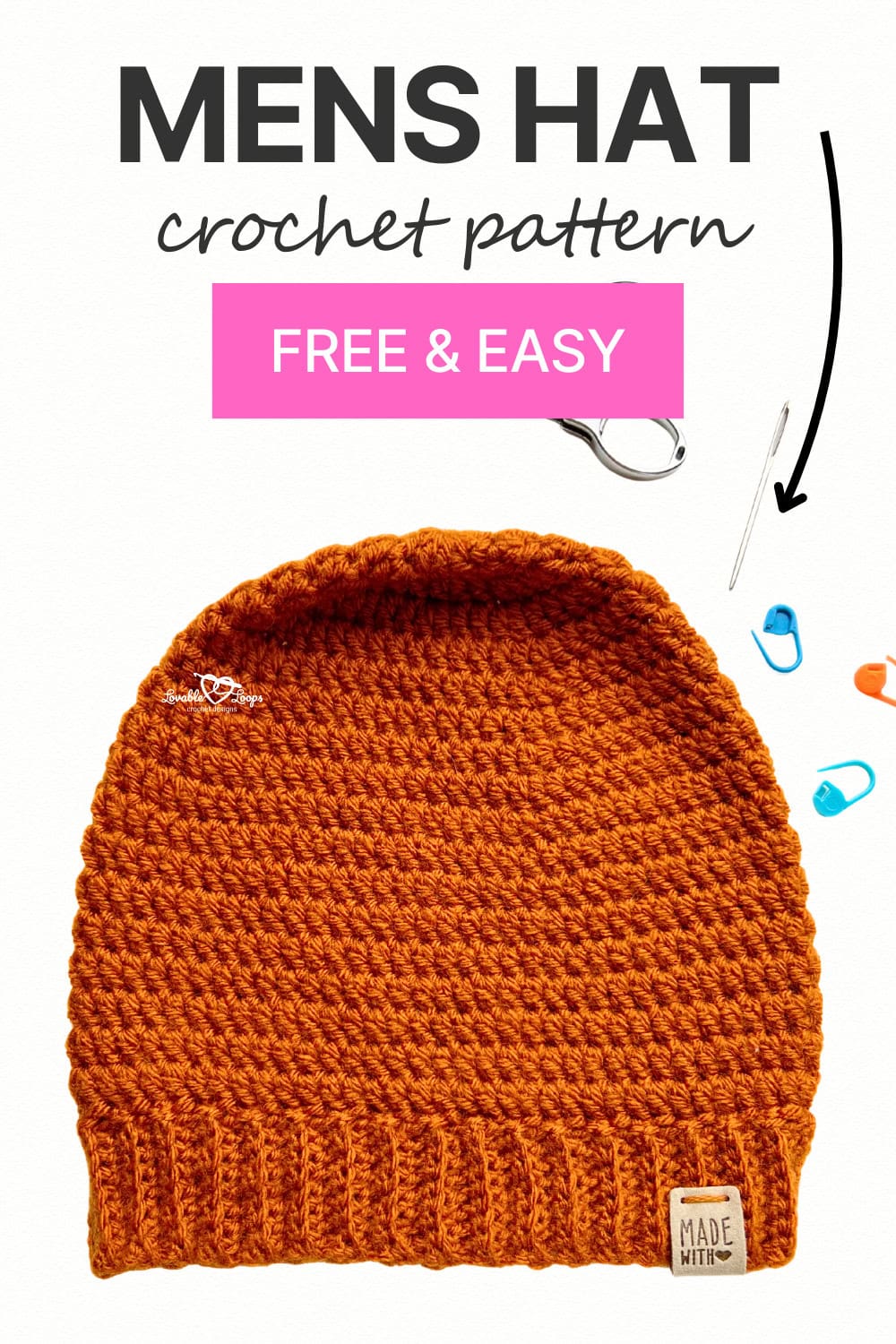 Free & easy men’s crochet hat pattern banner with a ribbed brim beanie, pink label, and arrow pointing to the brim. Ideal for beginners and beyond.