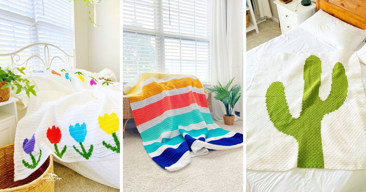 Collage of three free crochet blanket patterns displayed in bright rooms: a white blanket with colorful tulip flowers, a striped blanket in warm and cool tones, and a corner-to-corner cactus blanket on a bed.