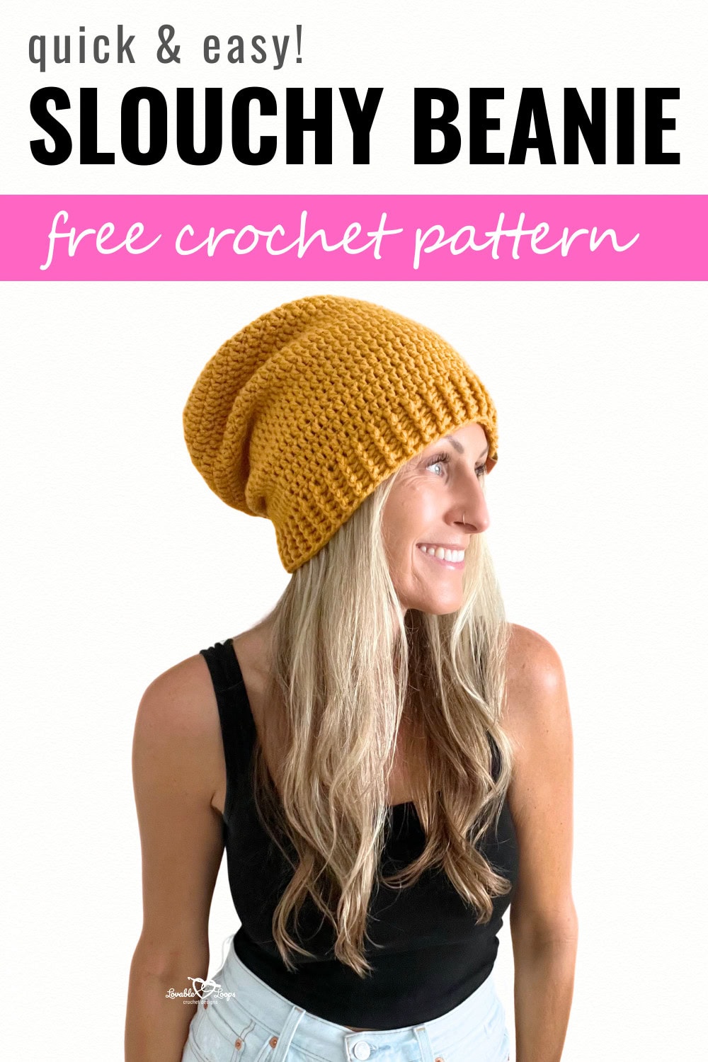 Woman wearing a mustard yellow crochet slouchy beanie with a ribbed brim, featured in a quick and easy free crochet pattern for beginners.