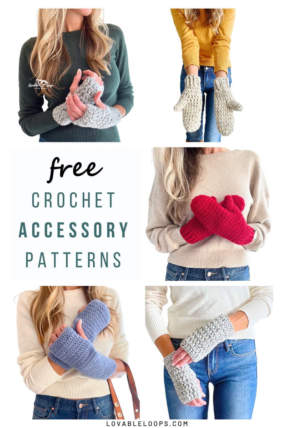 Collage of women modeling handmade crochet accessories, including chunky mittens and fingerless gloves in gray, red, blue, and cream yarns. Text overlay reads “Free Crochet Accessory Patterns.” A cozy, beginner-friendly collection perfect for winter crafting, gift ideas, and DIY cold-weather wear.
