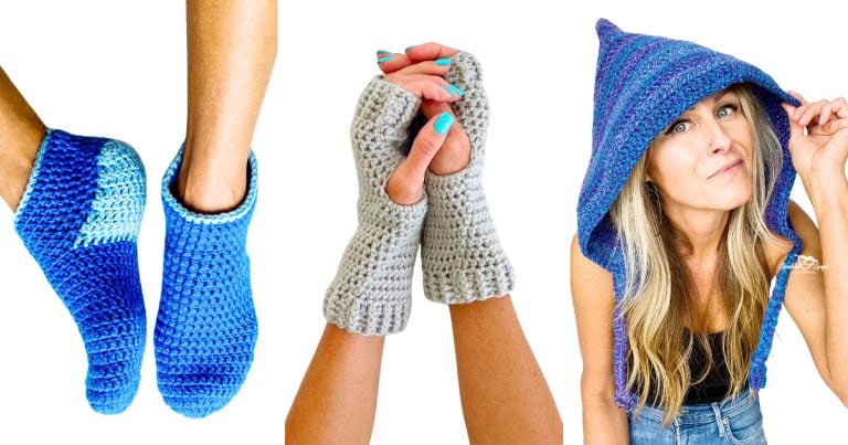 Collage of three free crochet accessories: blue crochet slippers on feet, gray ribbed fingerless gloves on crossed hands, and a woman wearing a blue crochet hood. Beginner-friendly handmade accessory patterns for warmth and style.