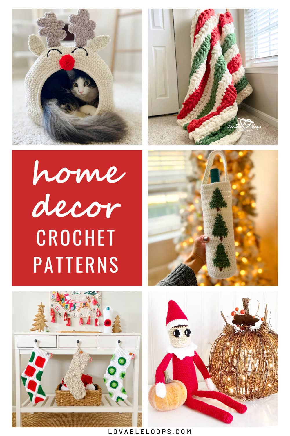 Collage of free crochet home decor patterns including a reindeer cat bed, striped holiday blanket, Christmas tree wine bag, elf doll, light-up pumpkin, and hanging Christmas stockings. Center text block reads “Home Decor Crochet Patterns.” These cozy, beginner-friendly holiday crochet projects are perfect for decorating your space or gifting handmade creations.