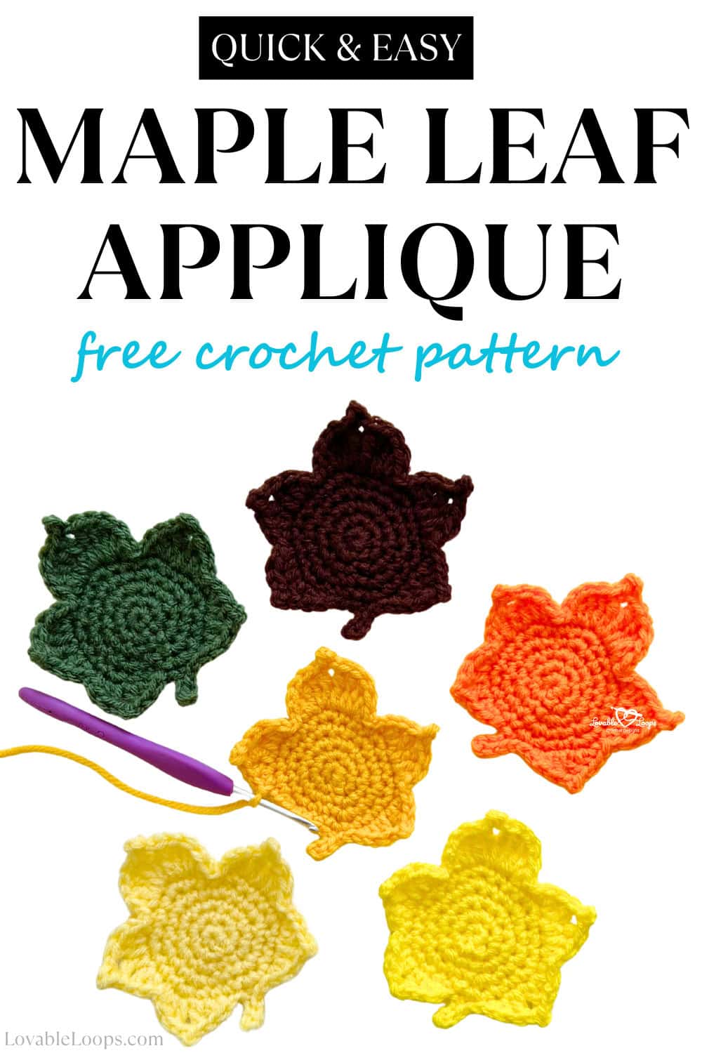 Quick and easy crochet maple leaf applique pattern. Free step-by-step tutorial showing how to make colorful fall leaf appliques in green, brown, orange, and yellow yarn.