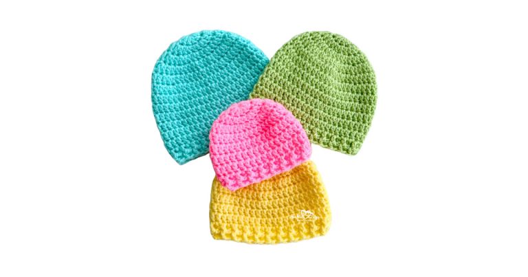 Four colorful crochet newborn hats in turquoise, green, pink, and yellow made with simple double crochet stitches. Free and beginner-friendly crochet newborn hat pattern sized for preemie to 12 months.