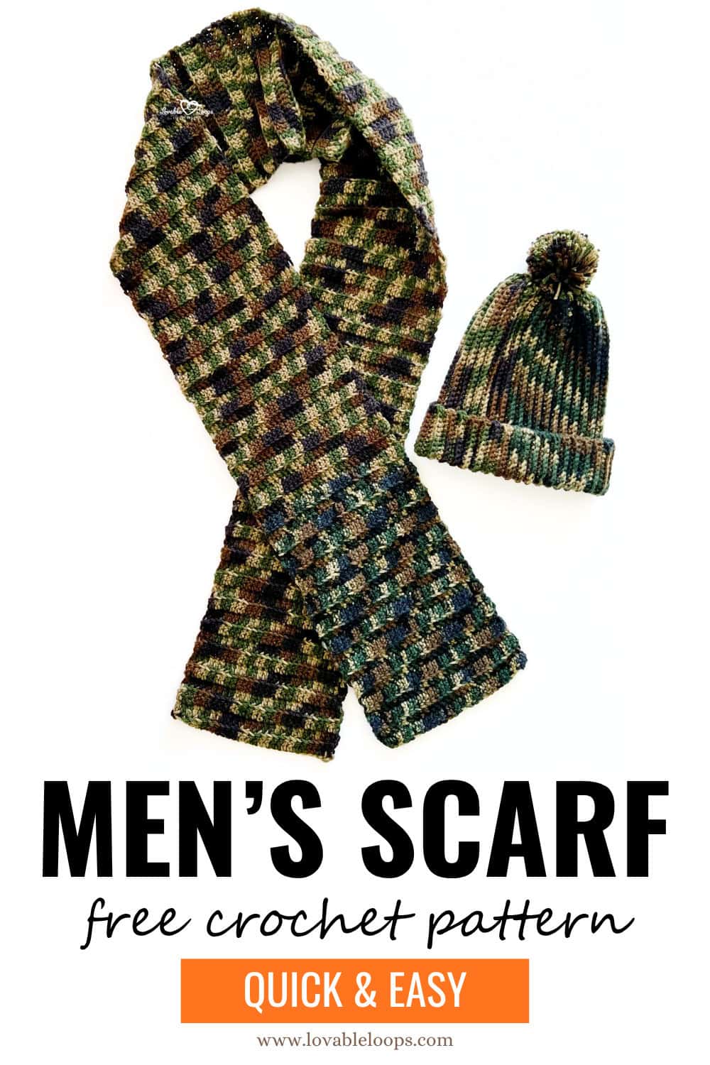 Camo print ribbed crochet scarf with matching men’s beanie, both made using easy double crochet stitches worked in the back loops only. Free crochet scarf for men pattern with a quick and easy design, perfect for beginners.