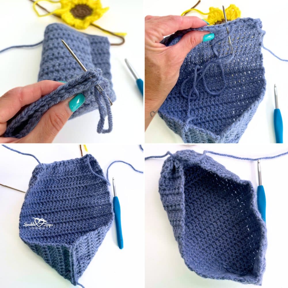 Step-by-step tutorial photo showing how to fold and sew a blue crochet slipper base with a yarn needle, part of the free crochet slippers pattern.