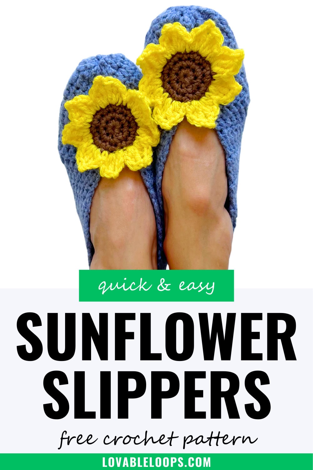 Finished pair of handmade blue crochet slippers decorated with large yellow sunflower motifs, shown from above on feet. Quick and easy free crochet slippers pattern.