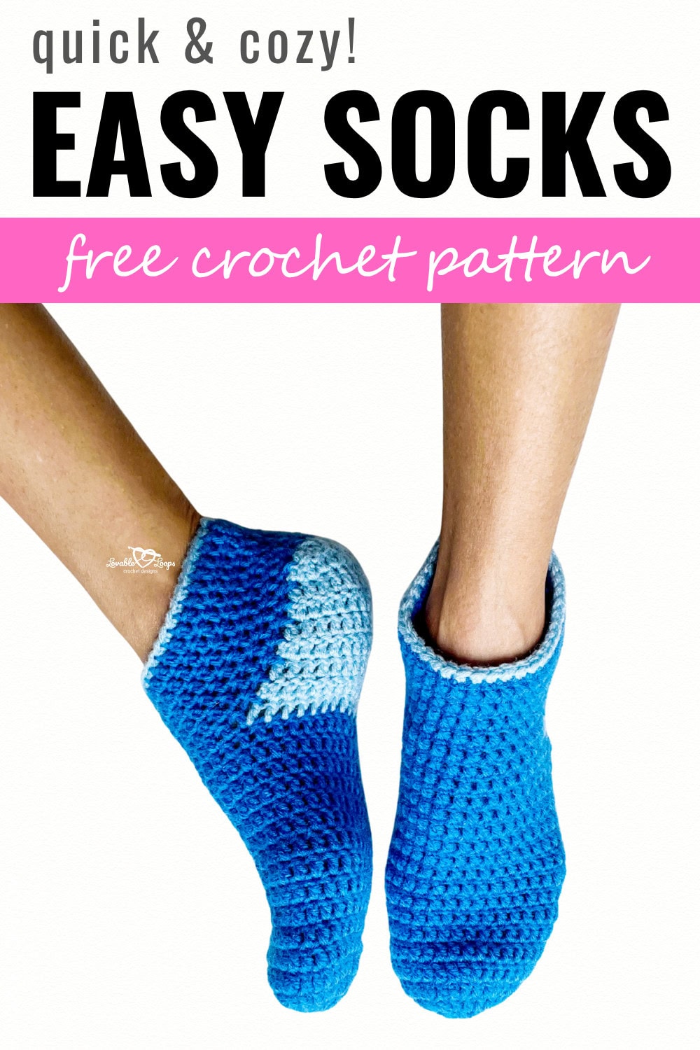 Pair of handmade crochet slipper socks in bright blue with light blue toes, displayed on feet. Text overlay reads “Quick & cozy! Easy socks – free crochet pattern.” Perfect beginner-friendly project for warm, comfy footwear.
