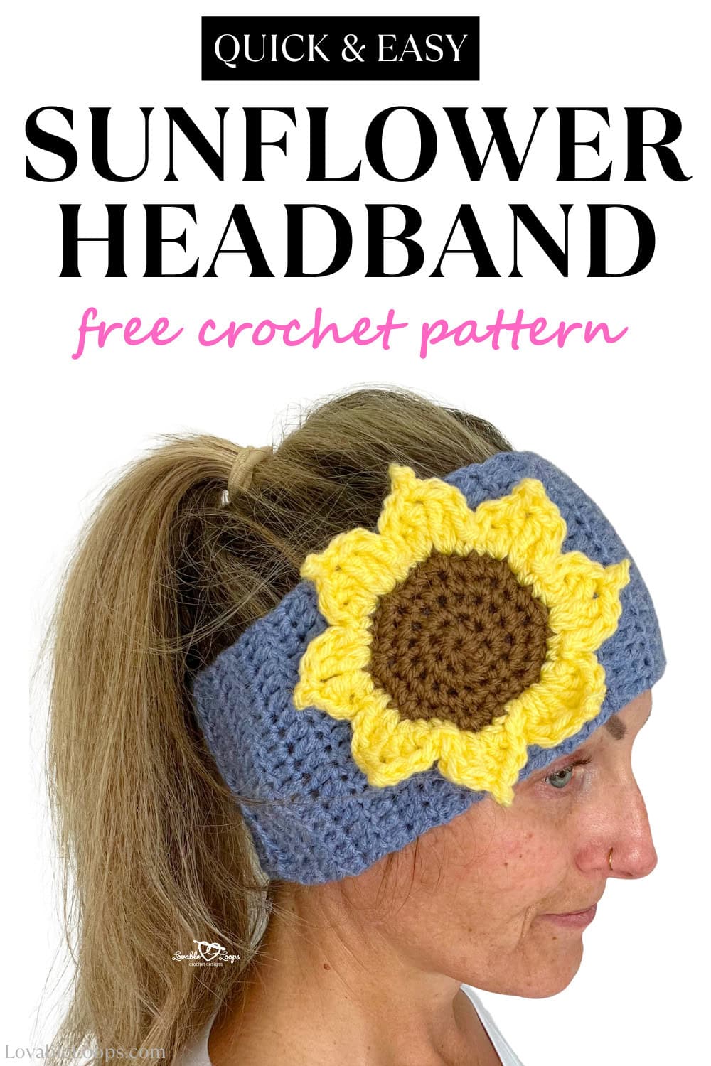 Free sunflower crochet headband pattern with a blue handmade headband and bright yellow flower applique, modeled as an easy DIY crochet project.