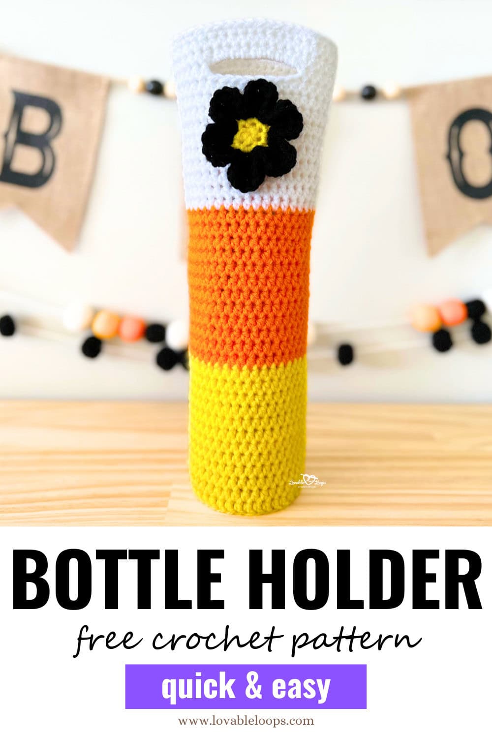 Crochet candy corn wine bottle holder with black flower, shown with text overlay “Bottle Holder Free Crochet Pattern Quick & Easy.” Fun Halloween crochet idea for beginners and craft fairs.