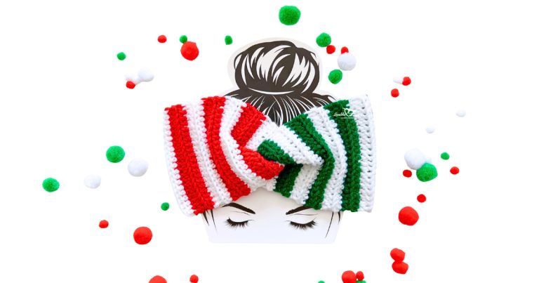 Festive crochet ear warmer in red, white, and green peppermint stripes with a twisted front design. Beginner-friendly Christmas crochet headband pattern.