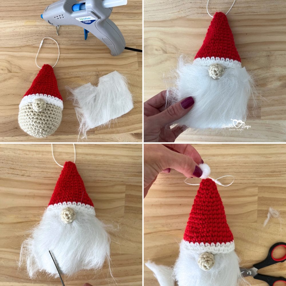 Step-by-step tutorial showing how to make a crochet gnome ornament with a red hat, faux fur beard, and pom pom using hot glue and scissors.