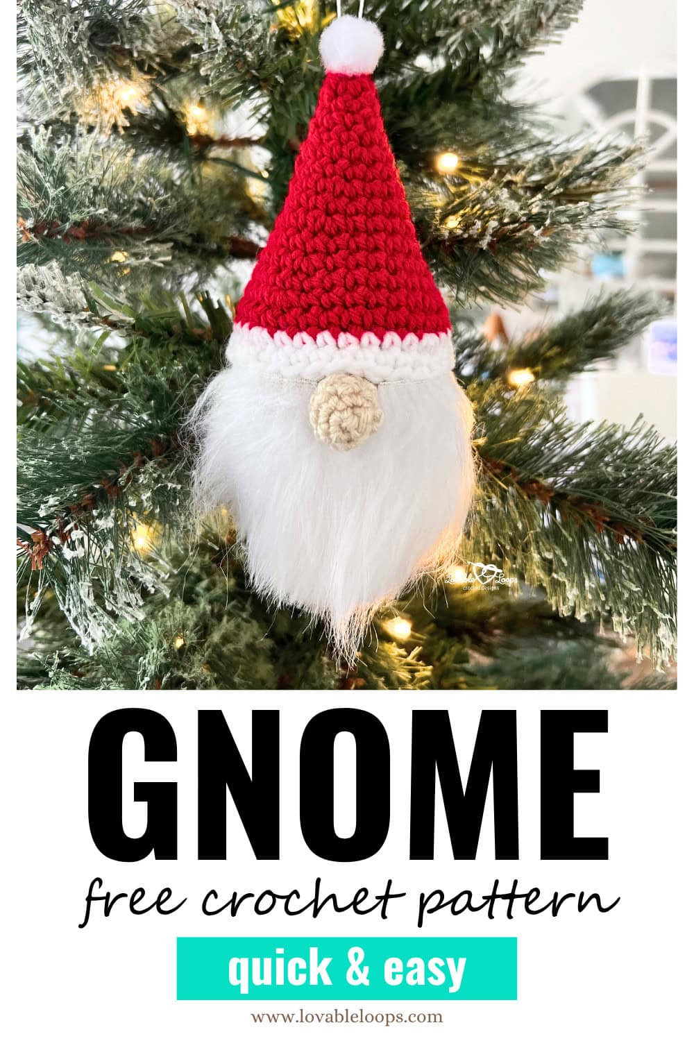 Free crochet gnome ornament pattern with a red hat, faux fur beard, and pom pom, hanging on a Christmas tree. Quick and easy Christmas crochet gnome DIY.