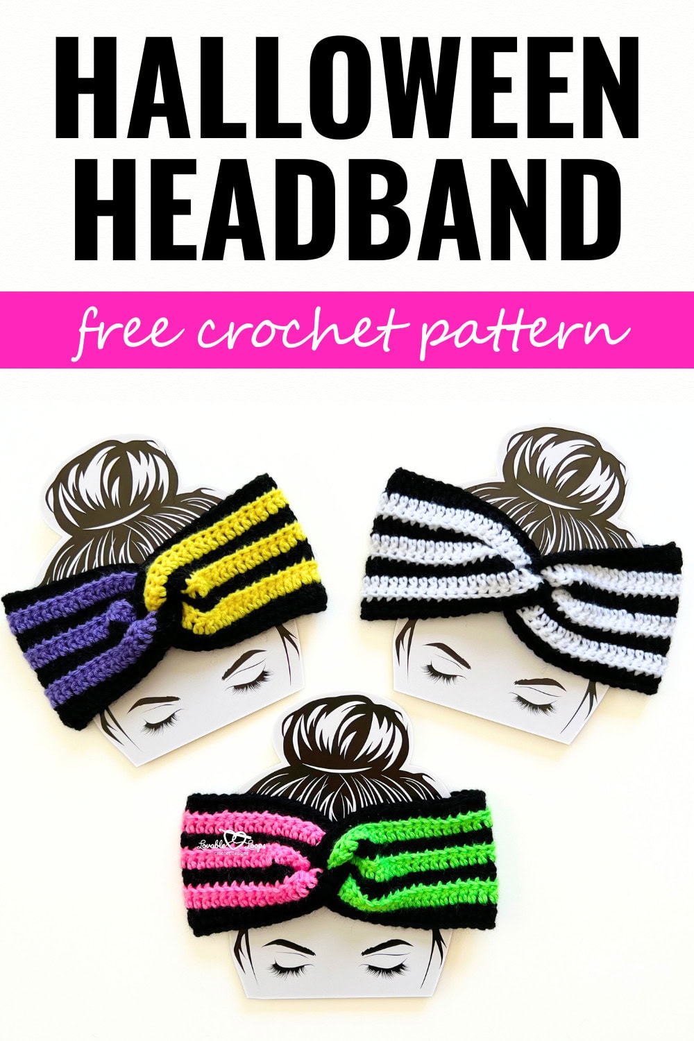 Colorful ribbed crochet twisted headbands in Halloween stripes, including black and white, purple and yellow, and green and pink. Quick and easy crochet pattern.