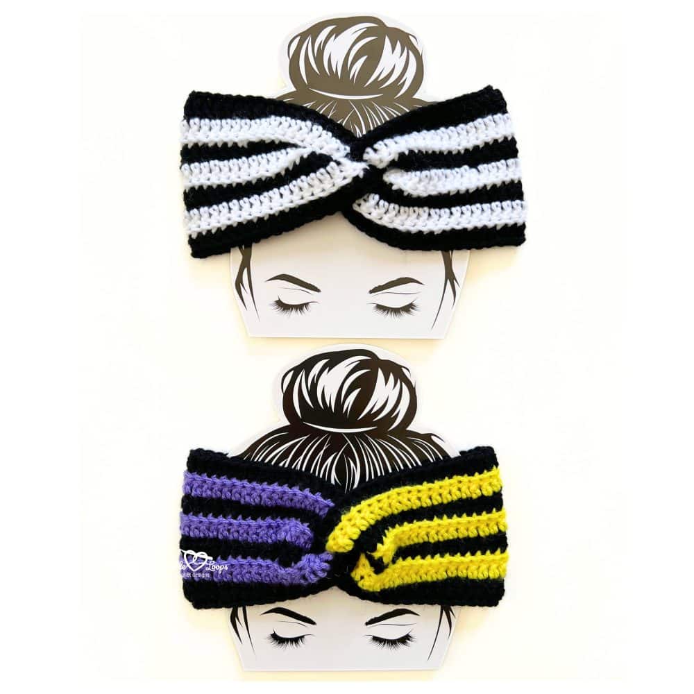 Black and white striped crochet twisted headband and purple and yellow striped ribbed crochet headband displayed on bun cards.