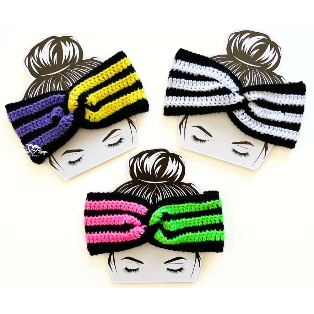 Three crochet twisted Halloween headbands in striped color combos: black and purple/yellow, black and white, and black with pink and green.