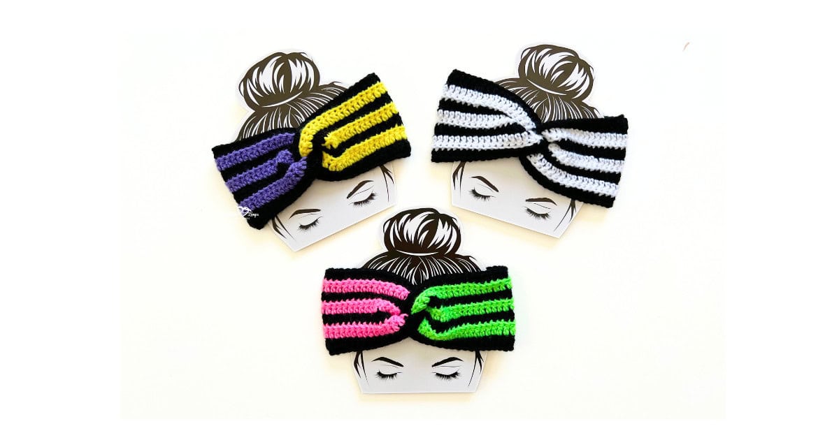 Three striped crochet Halloween headbands with a twisted front design in black with purple, yellow, and green accents. Beginner-friendly free crochet pattern.
