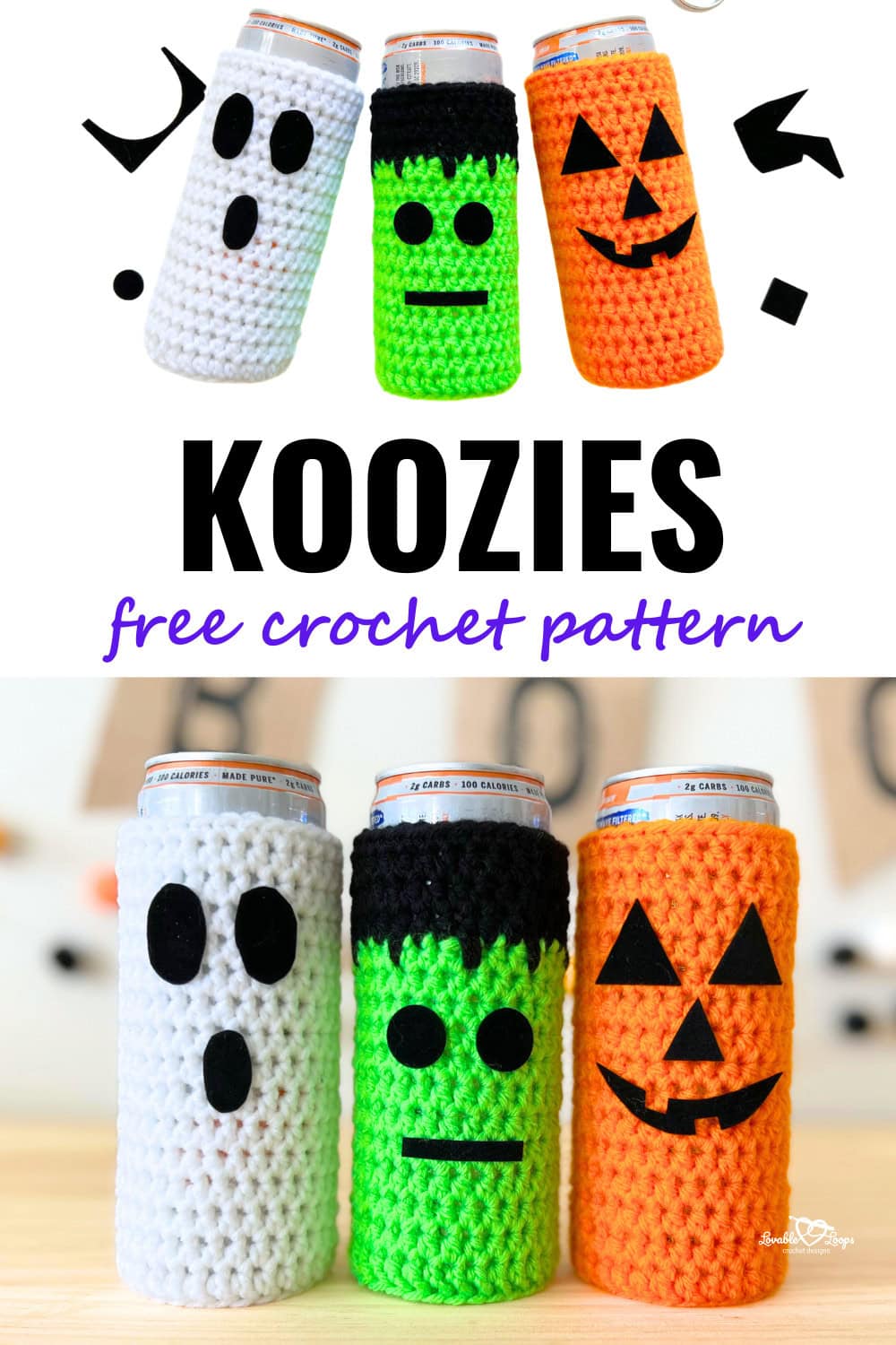 Three slim cans wrapped in handmade crochet koozies for Halloween. The free crochet koozie pattern includes a pumpkin in orange, Frankenstein in green with black hair, and a white ghost cozy. A fun and easy beginner-friendly crochet can cozy pattern for Halloween drinks.