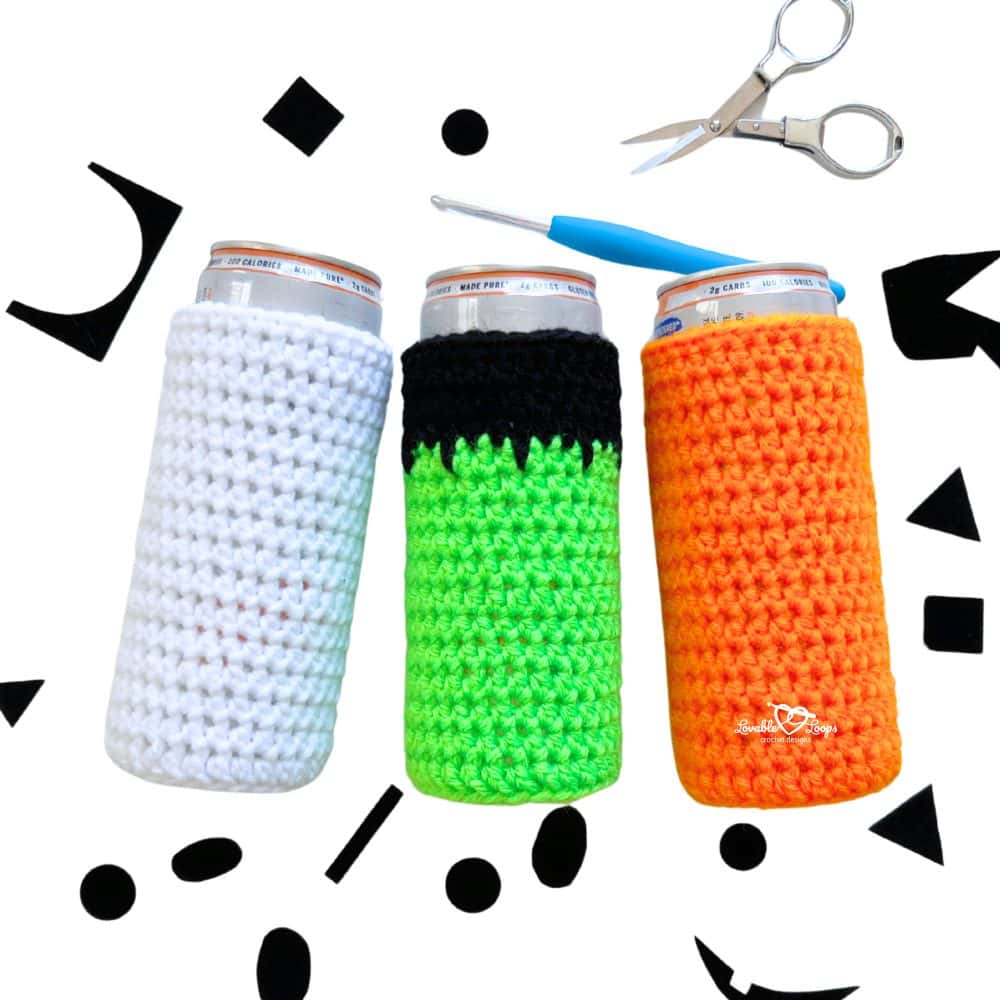 Step-by-step look at slim can koozies crocheted in white, green, and orange yarn before adding felt faces. Free Halloween crochet can cozy pattern for beginners.