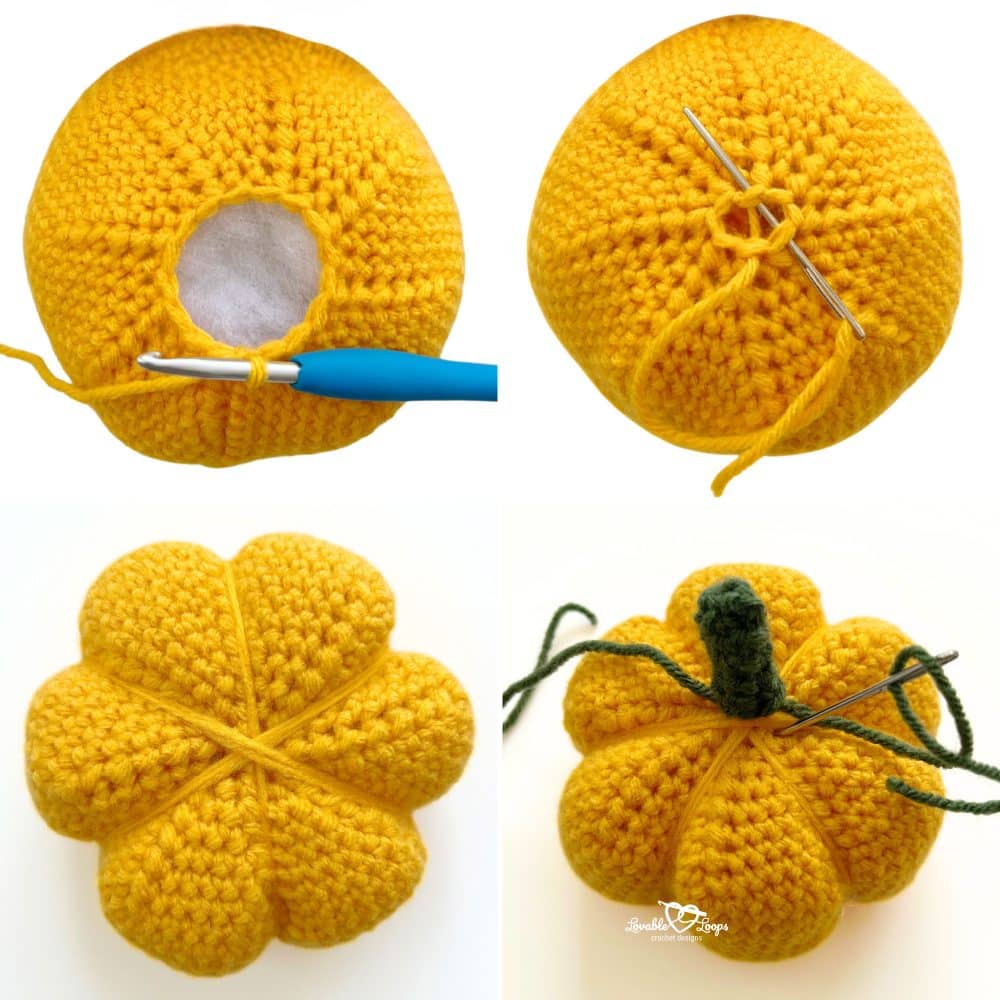 Step-by-step tutorial showing how to crochet a yellow pumpkin with worsted yarn. Images include stuffing with fiberfill, shaping with yarn, and attaching a green stem. Easy beginner crochet pumpkin pattern for fall decor.
