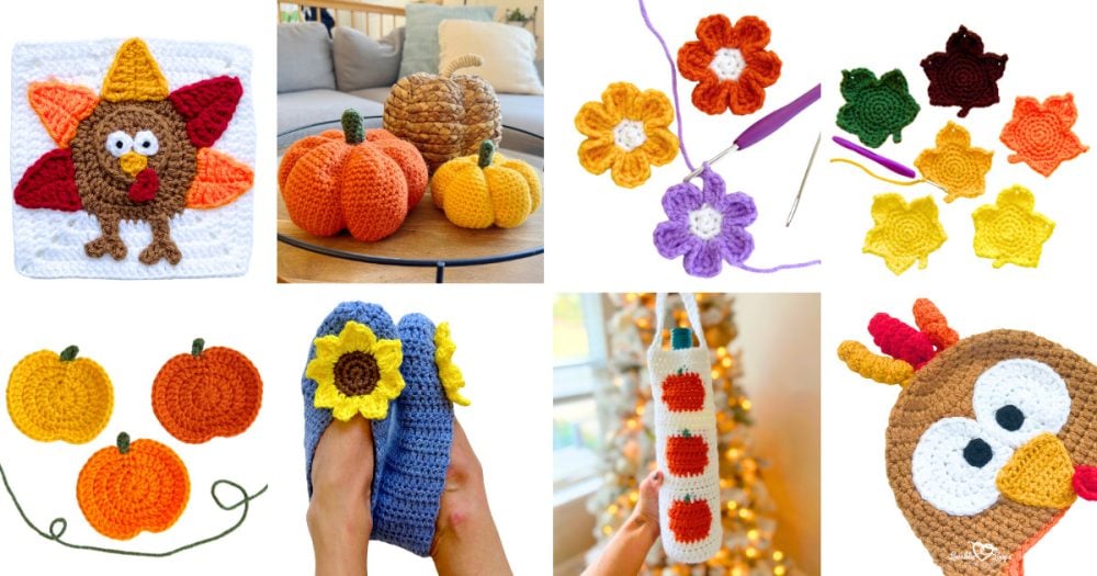 Collage of free fall crochet patterns including a turkey granny square, amigurumi pumpkins, sunflower slippers, crochet maple leaves, small crochet flowers, and a turkey hat. Perfect handmade projects for fall d&eacute;cor, gifts, and seasonal outfits.