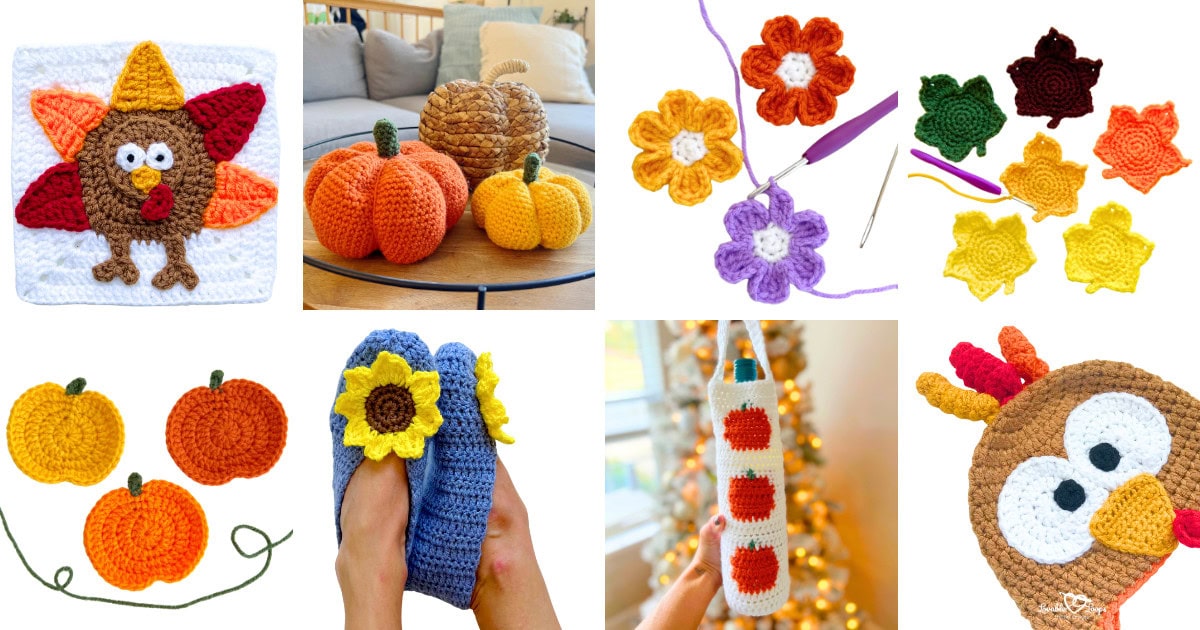 Collage of free fall crochet patterns including a turkey granny square, amigurumi pumpkins, sunflower slippers, crochet maple leaves, small crochet flowers, and a turkey hat. Perfect handmade projects for fall décor, gifts, and seasonal outfits.