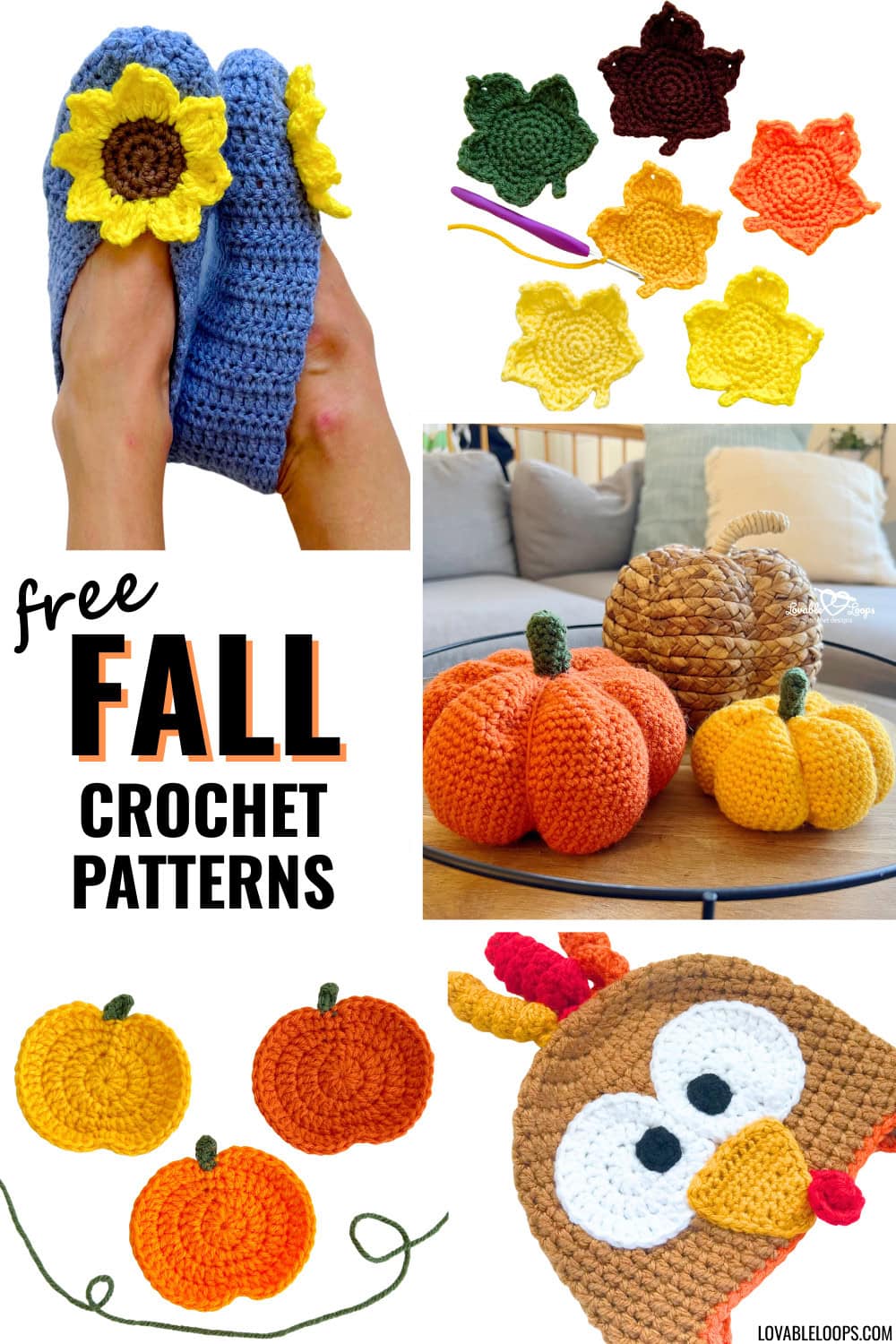 Colorful collage of free fall crochet patterns featuring sunflower slippers, crochet maple leaves, pumpkin appliqués, stuffed pumpkins, and a turkey hat. Beginner-friendly DIY crochet projects for fall, Thanksgiving, and autumn gifts.