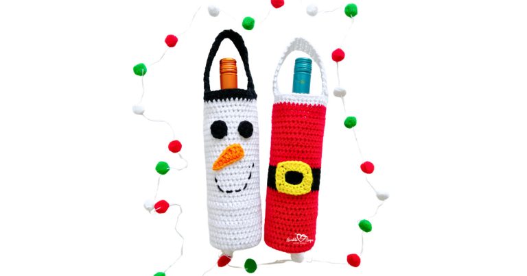 Crochet Santa wine bottle cover and snowman wine bottle holder displayed together with festive red, green, and white pom pom garland. Free holiday wine bottle cover crochet pattern for handmade Christmas gifts.