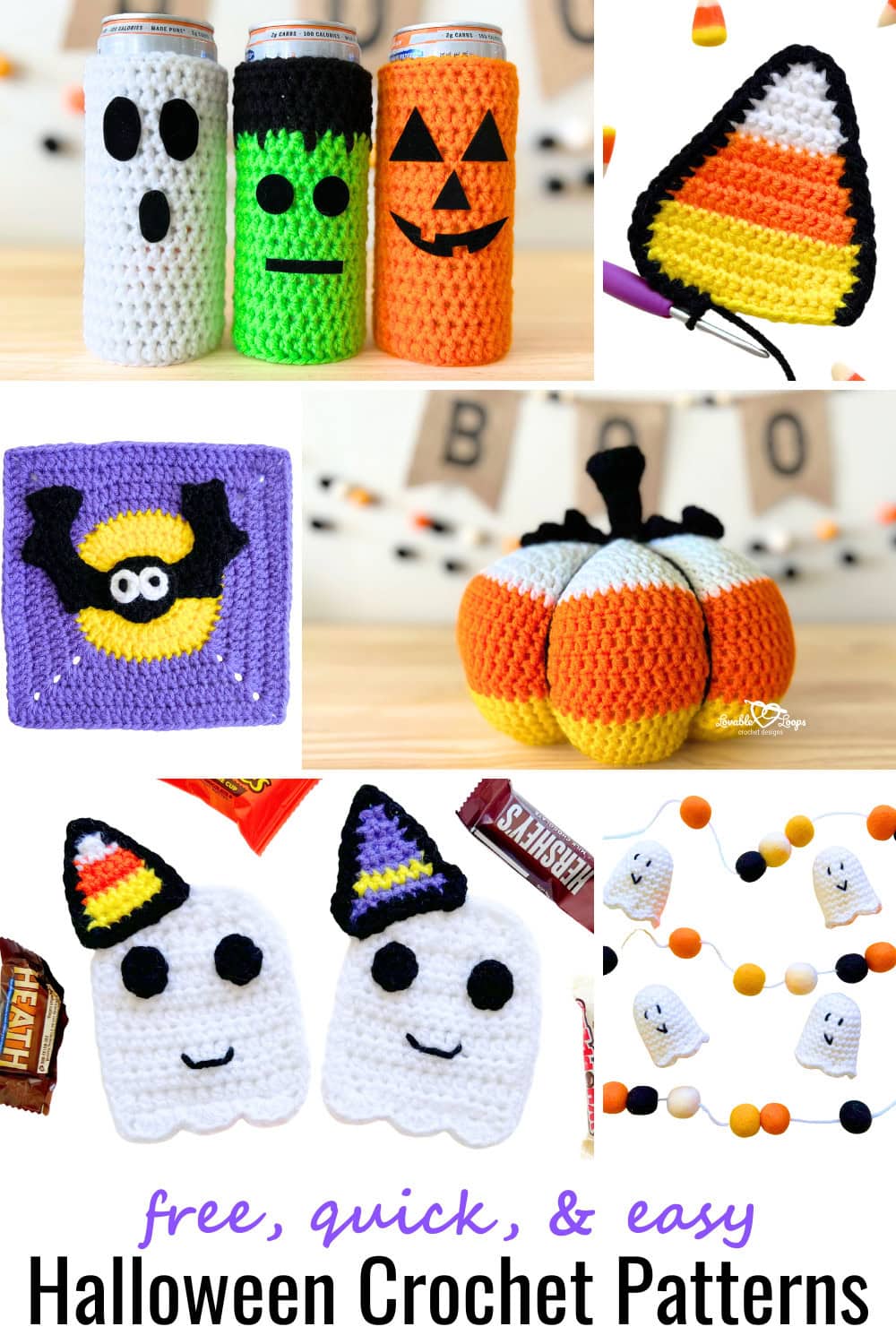 Collage of free Halloween crochet patterns including ghost, Frankenstein, and pumpkin can cozies, a candy corn applique, bat granny square, candy corn pumpkin, ghost appliqués with hats, and a mini ghost garland. Beginner-friendly DIY crochet projects for fall, perfect for Halloween décor, gifts, and costumes.