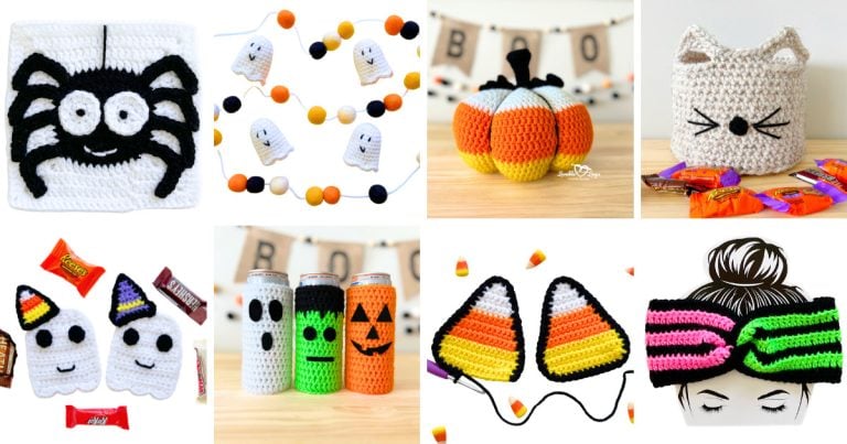 Collage of free Halloween crochet patterns, including a spider granny square, mini ghost garland, candy corn pumpkin, black cat basket, ghost appliqués, Halloween drink koozies, candy corn triangle appliqués, and a neon striped twisted headband. These beginner-friendly crochet projects are perfect for festive fall décor, costumes, and gifts.