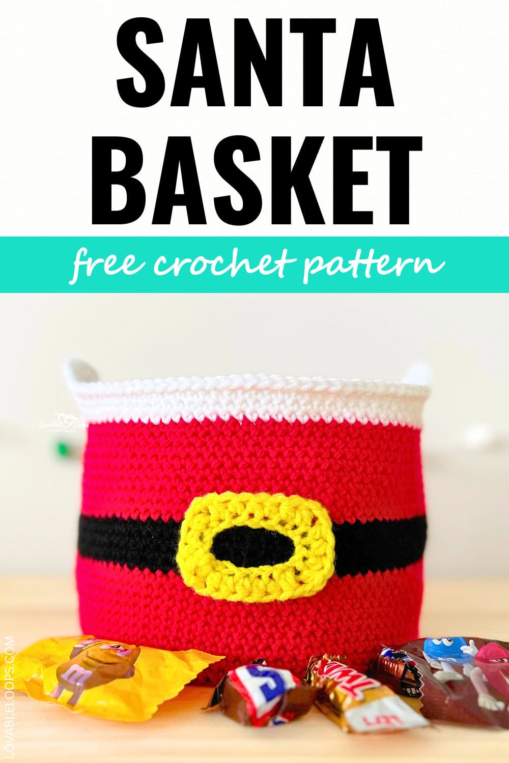 Santa basket crochet pattern with bold red stitches, black belt, yellow buckle, and white trim, styled as a festive crochet Christmas candy basket for gifts and décor.