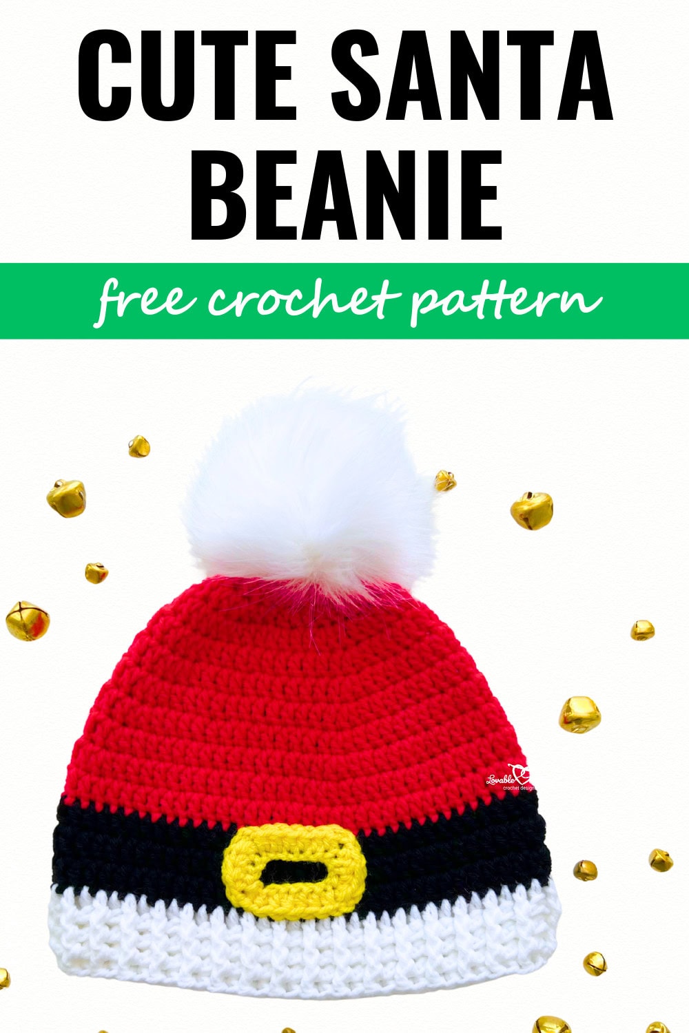 Crochet Santa beanie hat with red top, white ribbed brim, black belt stripe, yellow buckle, and fluffy white pom pom, decorated with holiday bells.