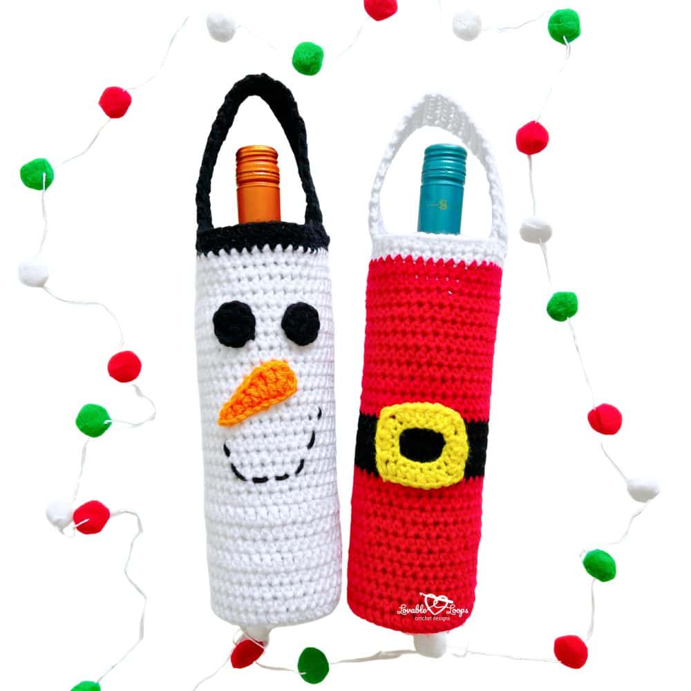 Handmade crochet wine bottle covers featuring a snowman design with a carrot nose and a Santa design with a red suit and belt. Perfect Christmas wine bottle holder crochet patterns for holiday gifting.