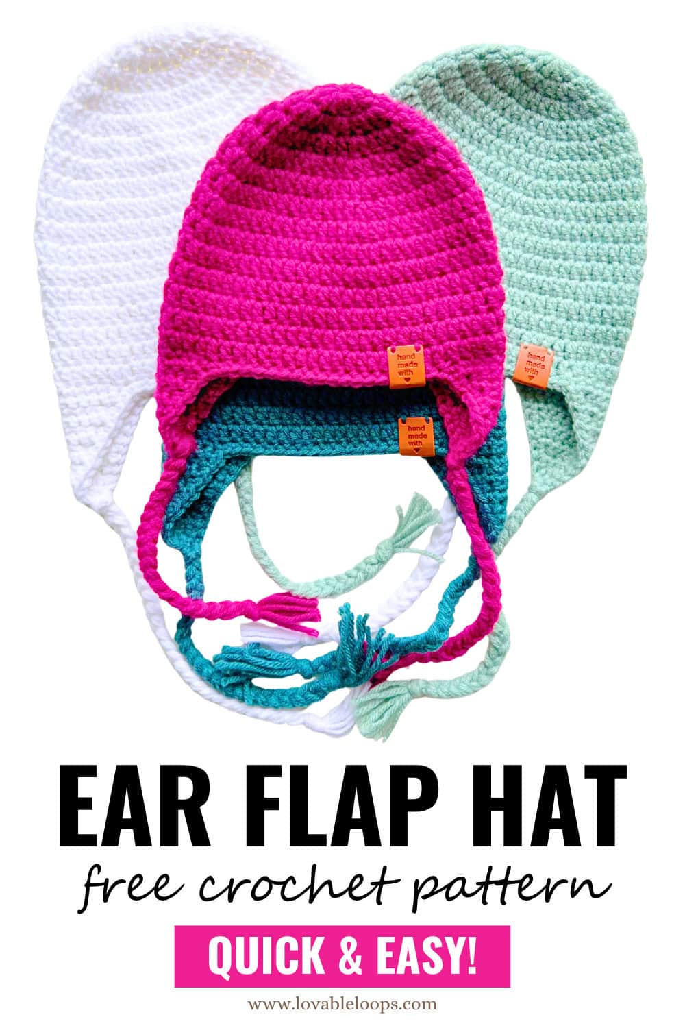 Colorful crochet ear flap hats stacked together with braided ties and leather “handmade with love” tags. Free and easy crochet earflap hat pattern for all sizes by Lovable Loops.
