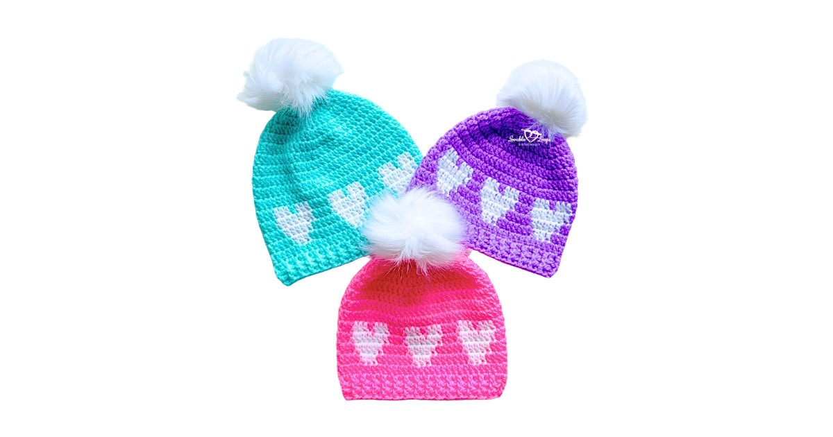 Valentine crochet hat pattern with hearts for all ages