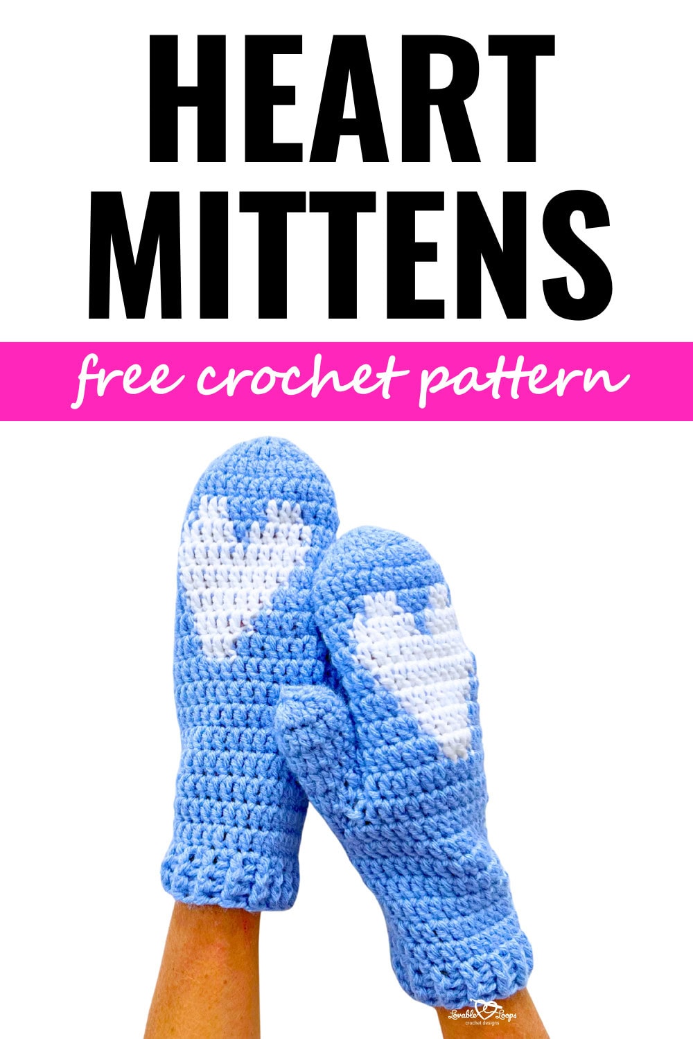 Blue and white crochet heart mittens held up against a white background, showing a bold heart motif. Free crochet heart mittens pattern using tapestry crochet mittens technique—cute Valentine crochet mittens for beginners.