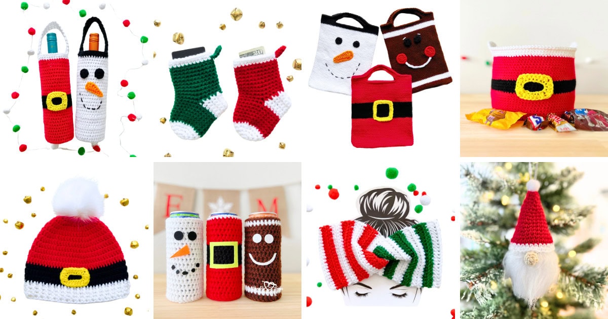 A collage of free Christmas crochet patterns including Santa hats, snowman cozies, mini stockings, gift bags, a Santa basket, and a striped Christmas ear warmer headband. These quick and easy crochet Christmas projects are perfect for handmade holiday gifts and decorations.
