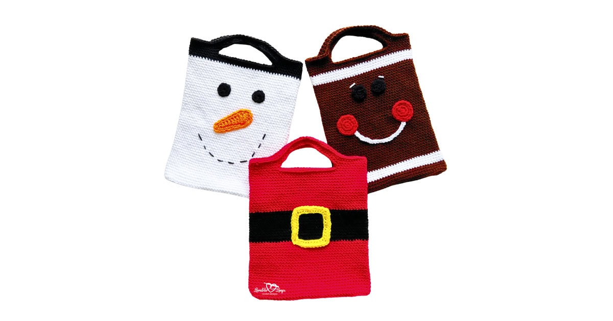 Three handmade crochet Christmas bags featuring festive character designs: a red Santa bag with a yellow buckle, a white snowman bag with a carrot nose and stitched smile, and a brown gingerbread man bag with red cheeks and a white smile.
