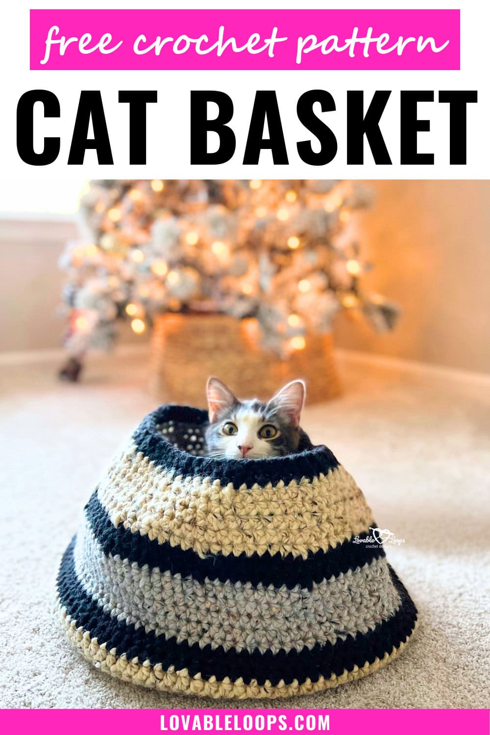 Handmade crochet cat basket hideaway made with thick yarn, showing a free crochet cat basket pattern designed for beginners and perfect for a cozy cat bed.
