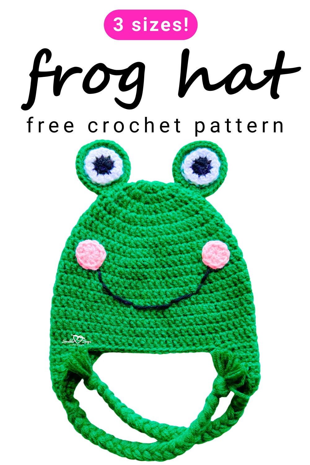 Beginner-friendly crochet frog hat with earflaps and braided ties, made in bright green yarn with crocheted eyes and cheeks, ideal for kids and adults.