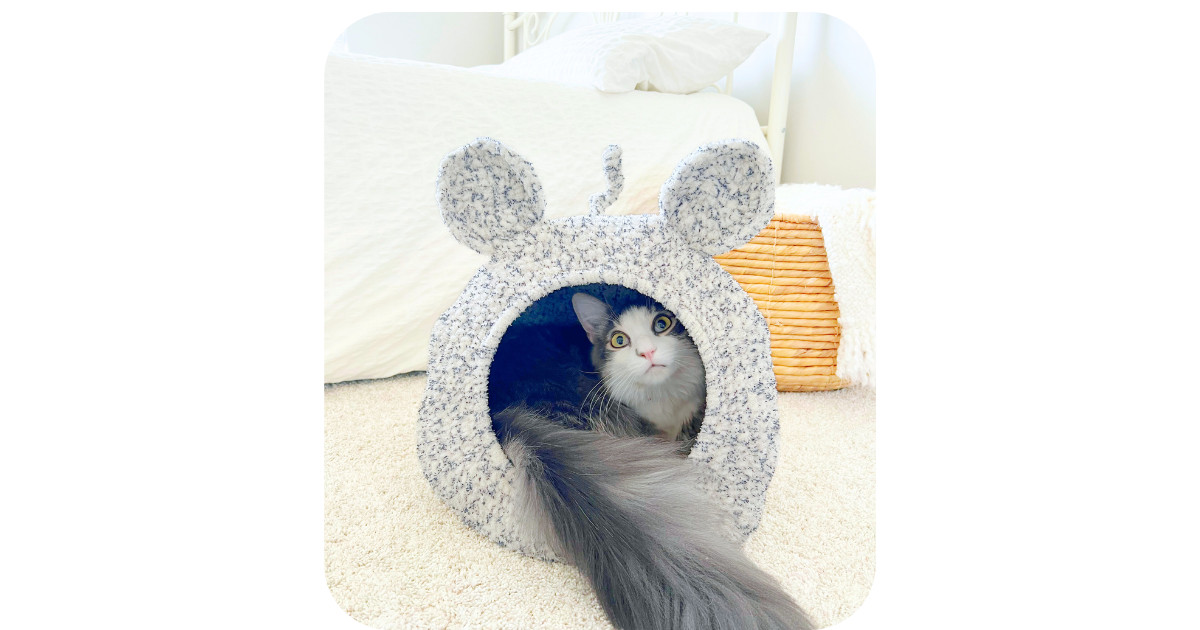 Gray and white cat sitting inside a mouse-shaped crochet cat cave made with speckled super bulky blanket yarn, with round mouse ears and a long tail&mdash;cozy crochet cat pod bed.