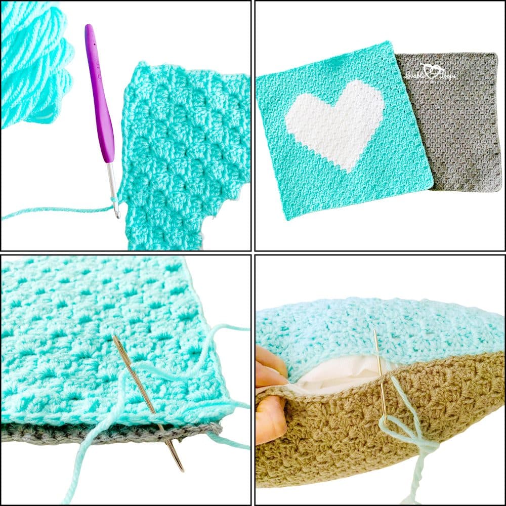 Step-by-step photos showing how to crochet a C2C heart pillow square, add a border, sew the front and back together, and assemble a crochet heart pillow with a pillow insert.